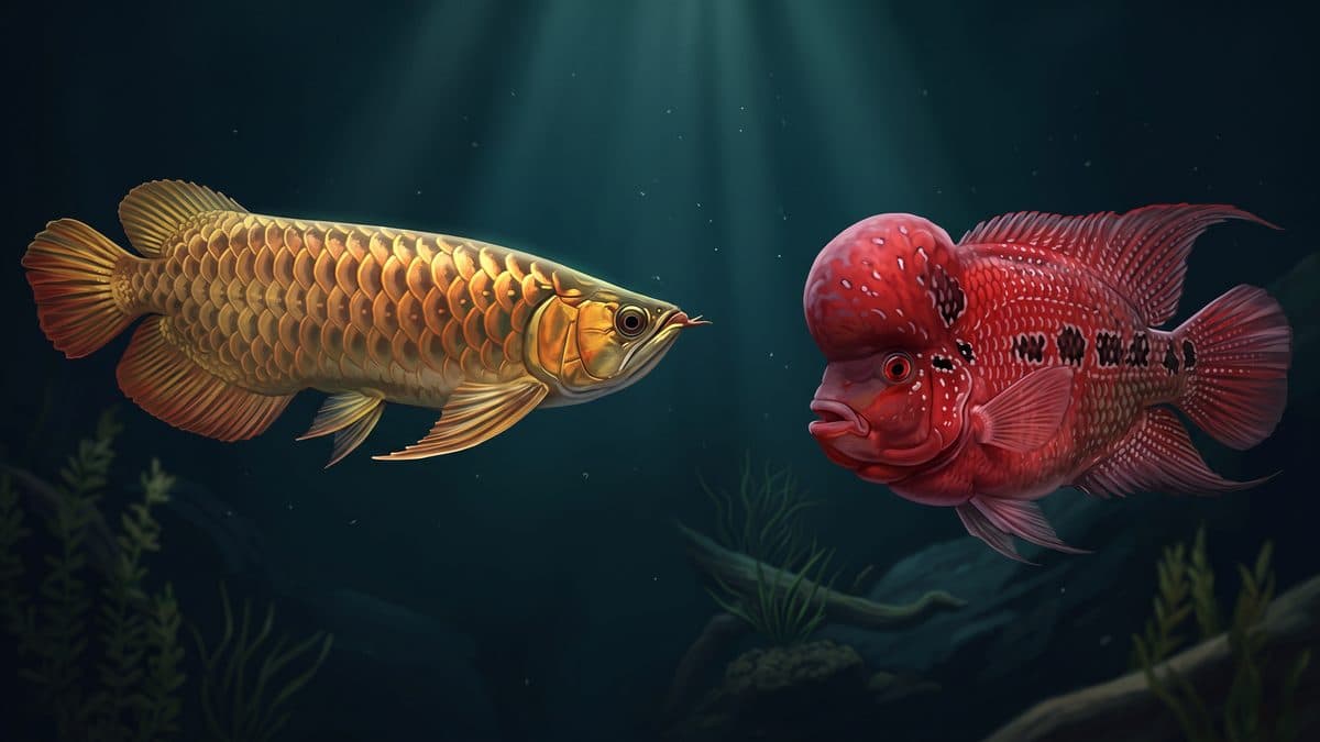 A Silver Arowana and a Super Red Dragon Flowerhorn displayed in separate large aquarium setups
