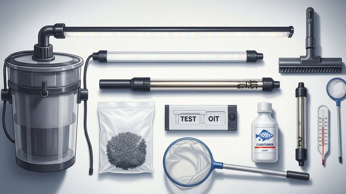 A well-equipped aquarium setup showing canister filter, LED lighting, inline heater, and water testing equipment