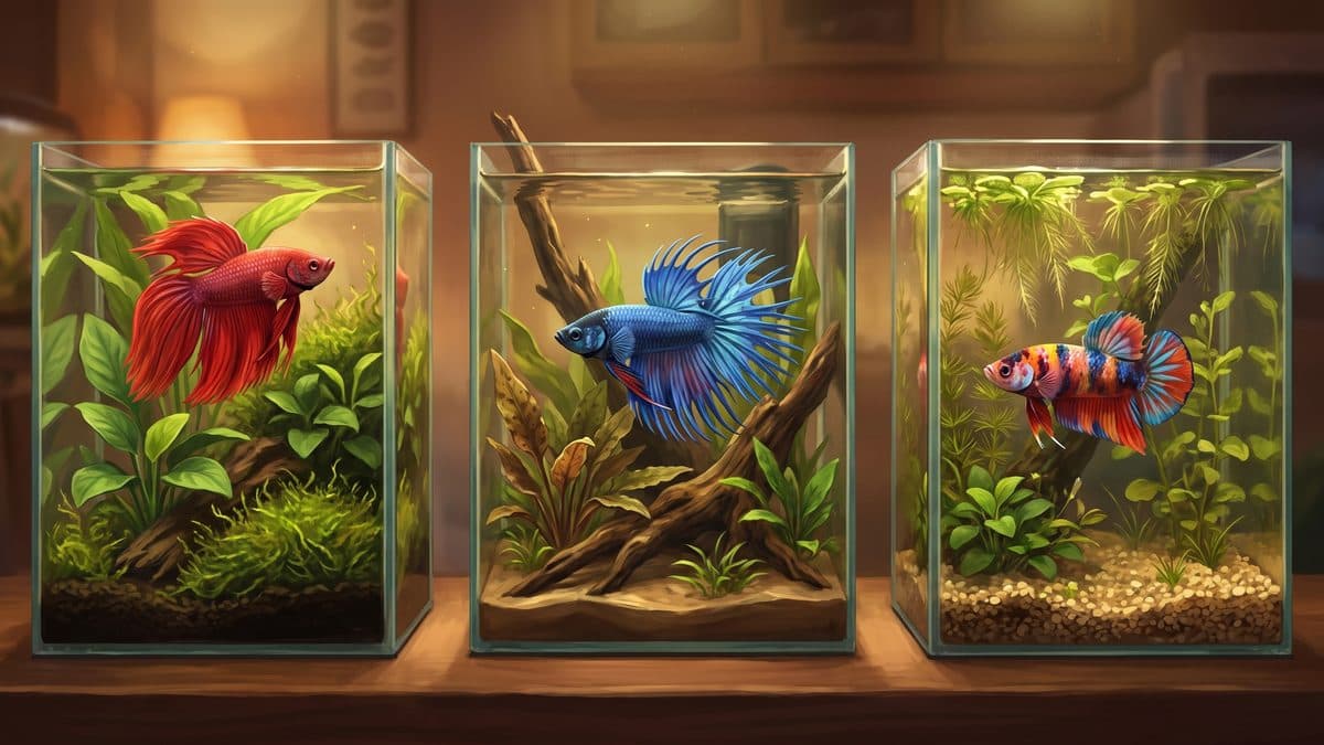 A vibrant red Veiltail Betta fish flaring its fins in a planted nano aquarium