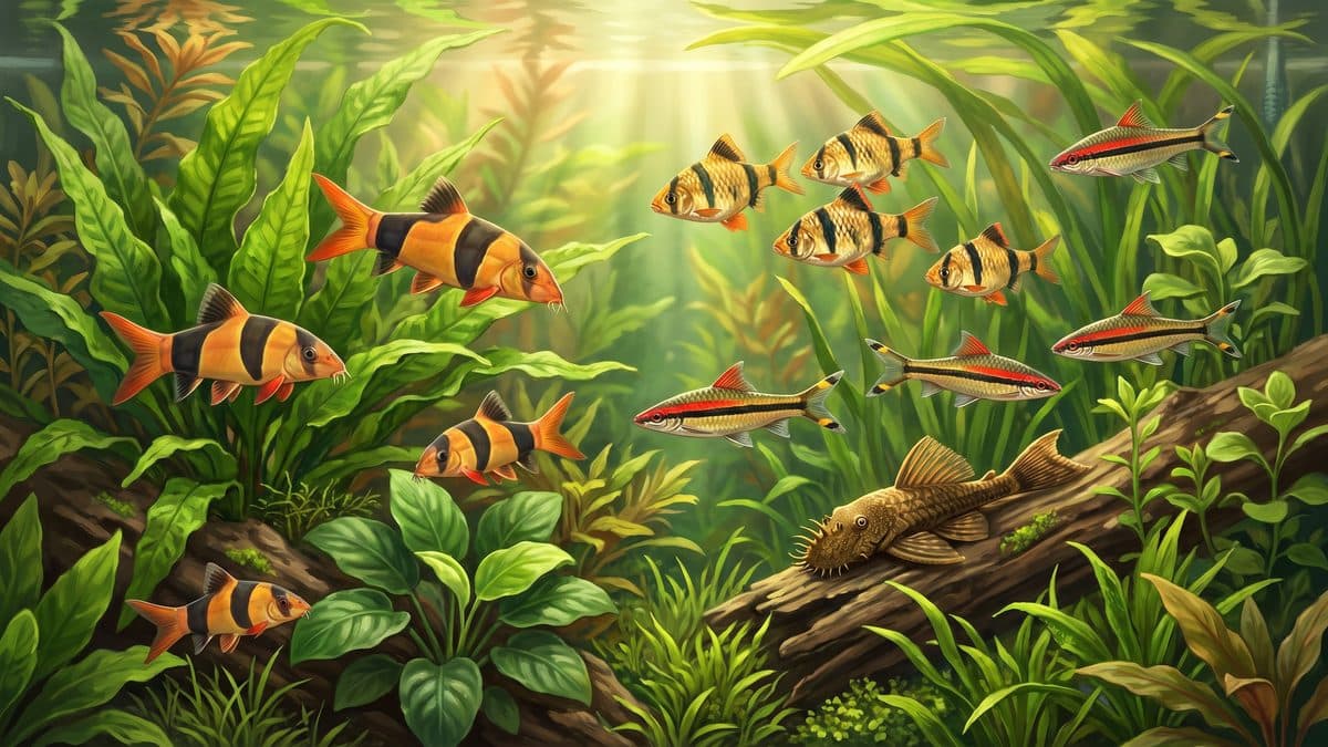 A vibrant community aquarium featuring Tiger Barbs, a Dragon Goby, and a Clown Loach — affordable exotic fish for beginners