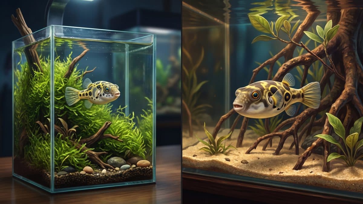 A Pea Puffer swimming among dense aquatic plants in a nano aquarium