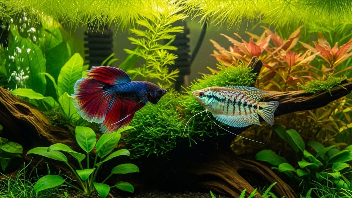 A Halfmoon Betta and a Pearl Gourami displayed side by side in planted aquarium settings