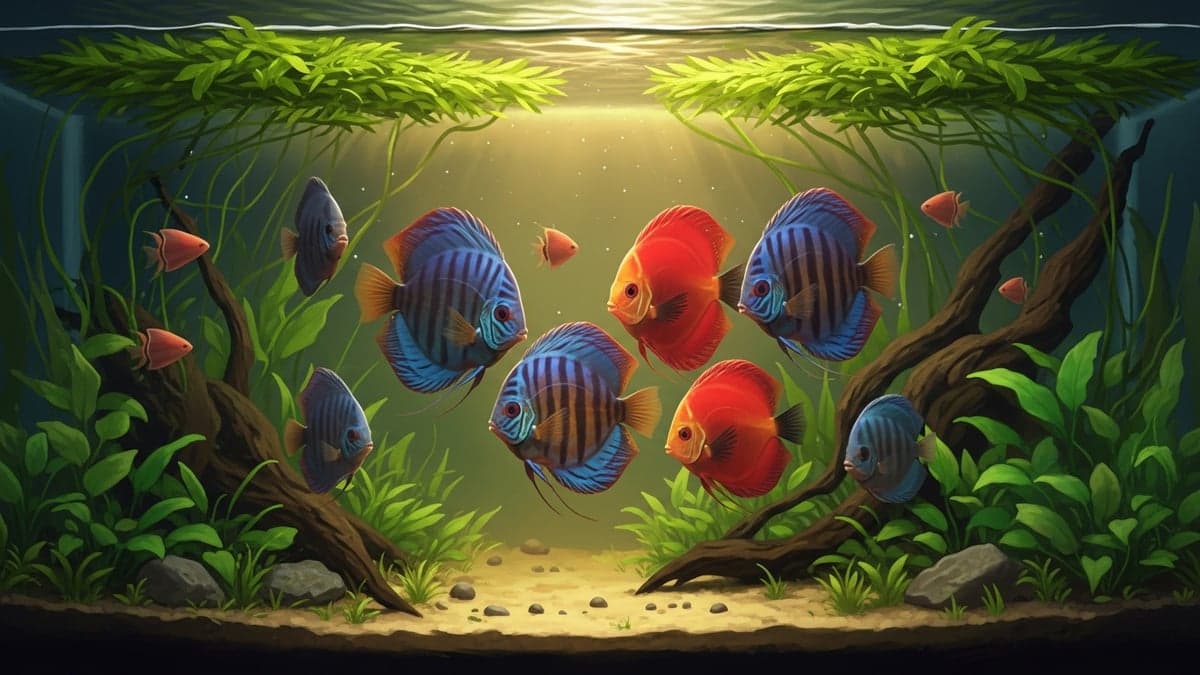 A school of vibrant Discus fish in a planted aquarium showcasing multiple colour varieties