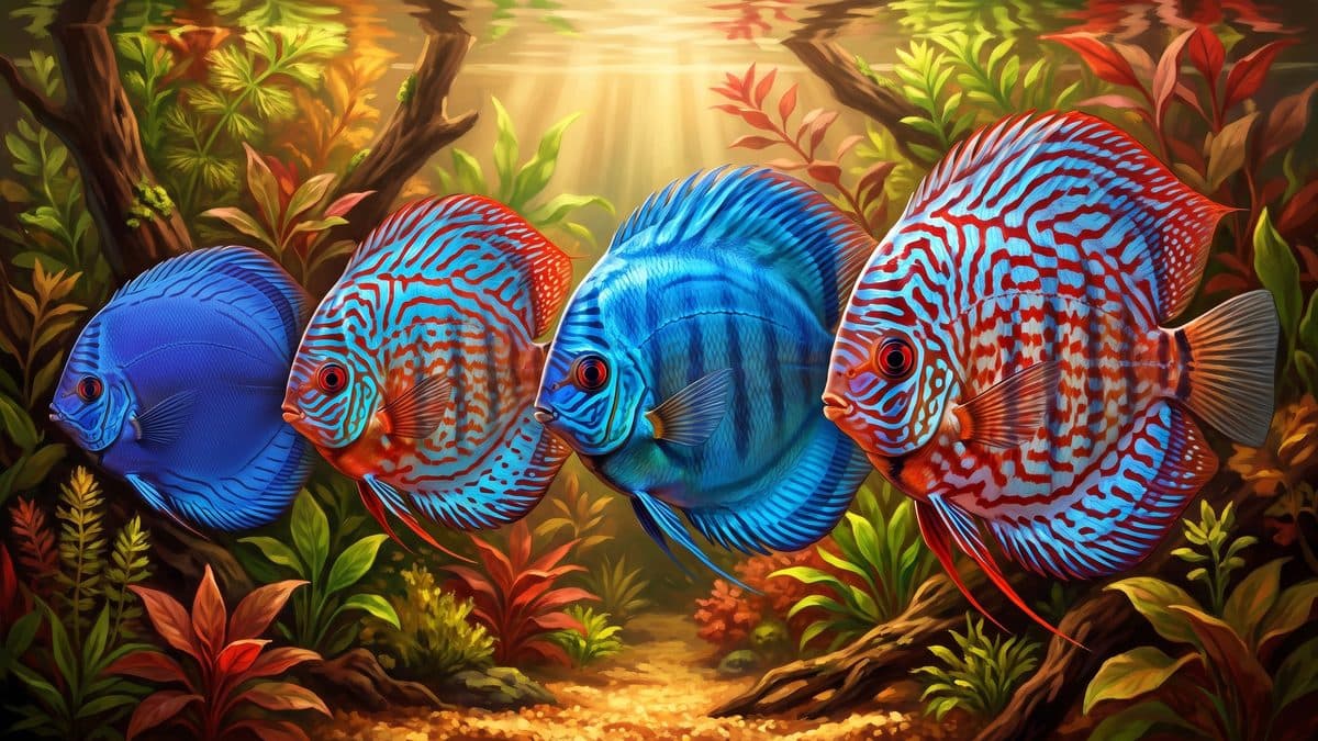 Colourful discus fish displaying vibrant red and blue patterns in a planted aquarium