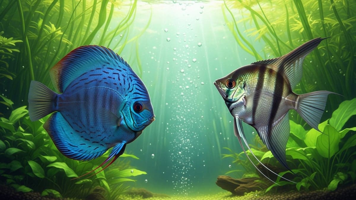 A Pigeon Blood Discus and a Koi Angelfish displayed side by side in planted aquarium settings