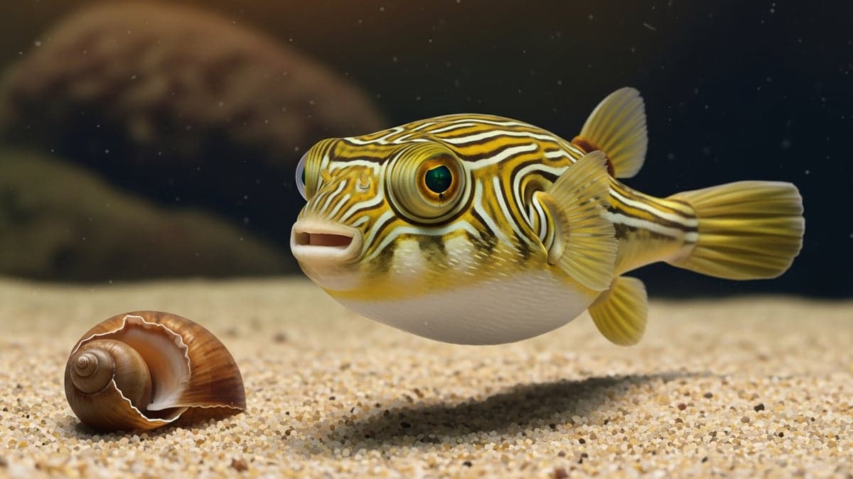 A Fahaka Pufferfish (Tetraodon lineatus) displaying its distinctive striped pattern in a spacious freshwater aquarium