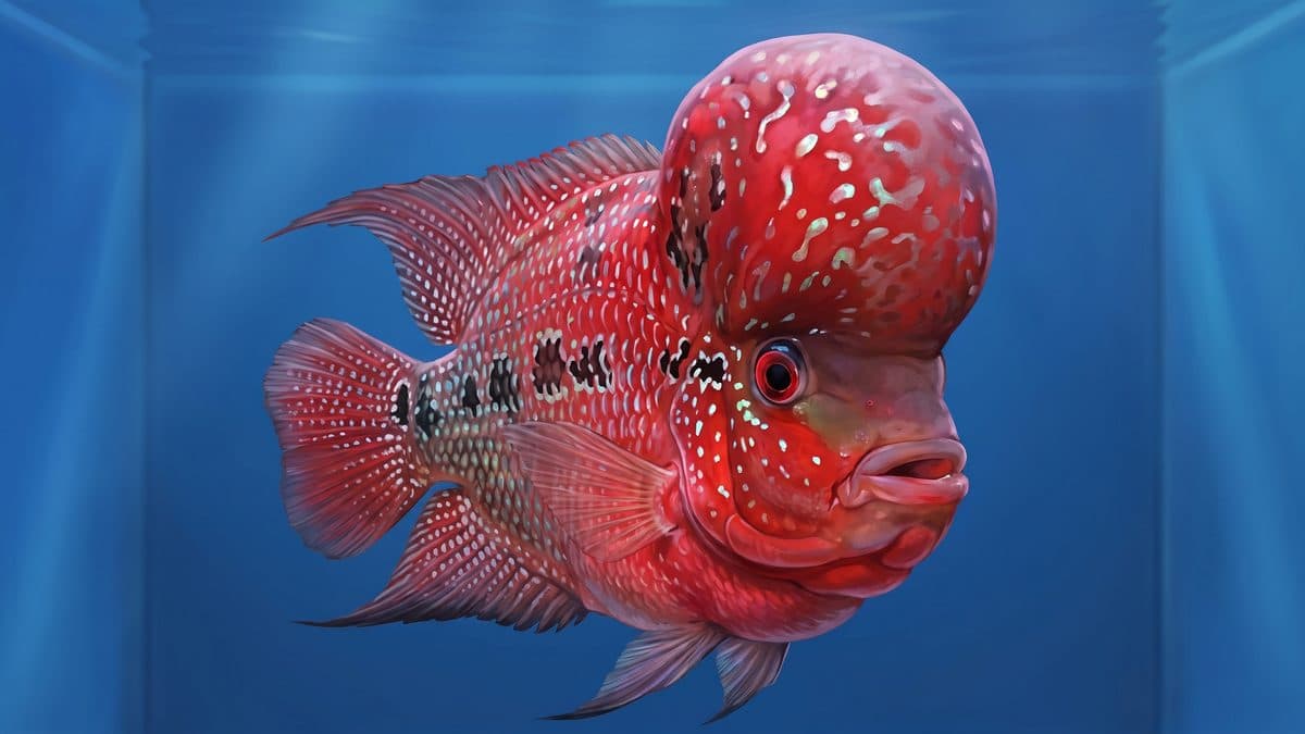 A competition-grade Flowerhorn Cichlid displaying a massive kok hump and vibrant red-and-blue colouration