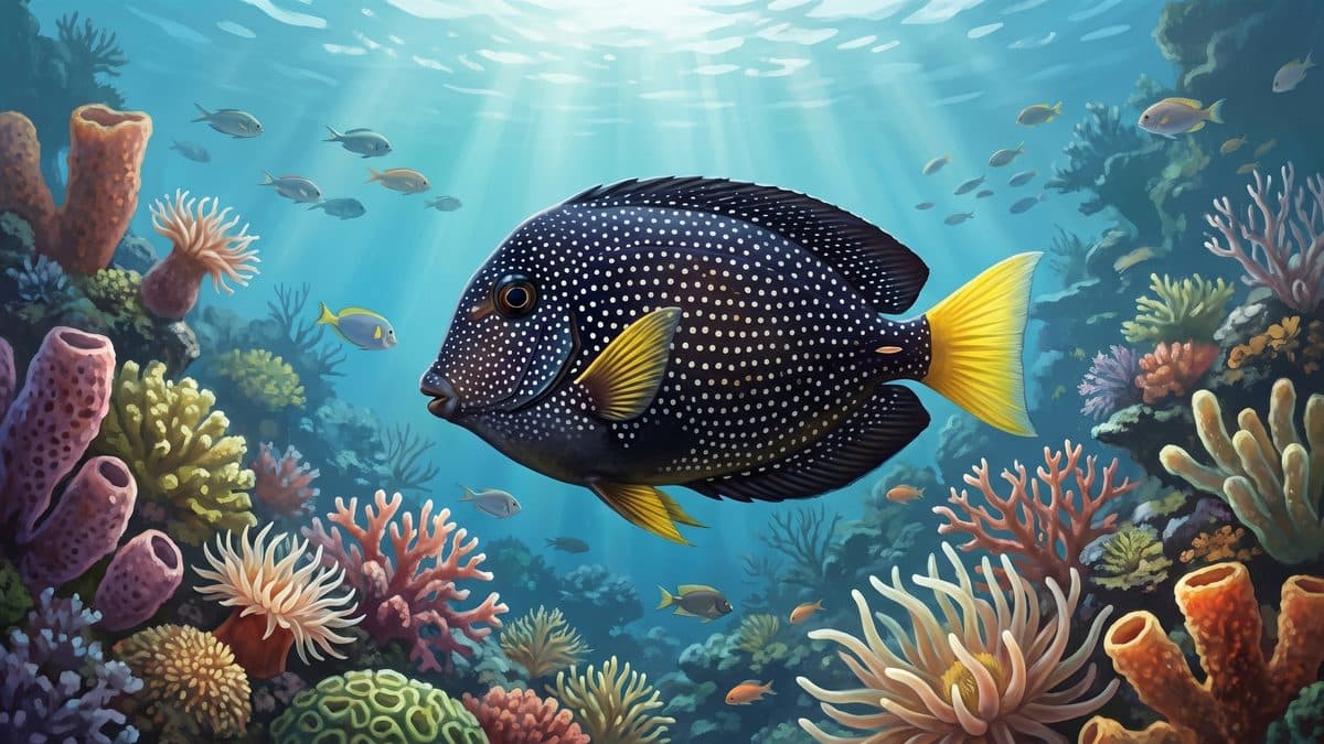Gem Tang with jet-black body and bright white spots swimming in a reef aquarium