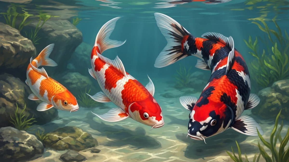 Beautiful Kohaku koi fish swimming in a clear Japanese-style pond