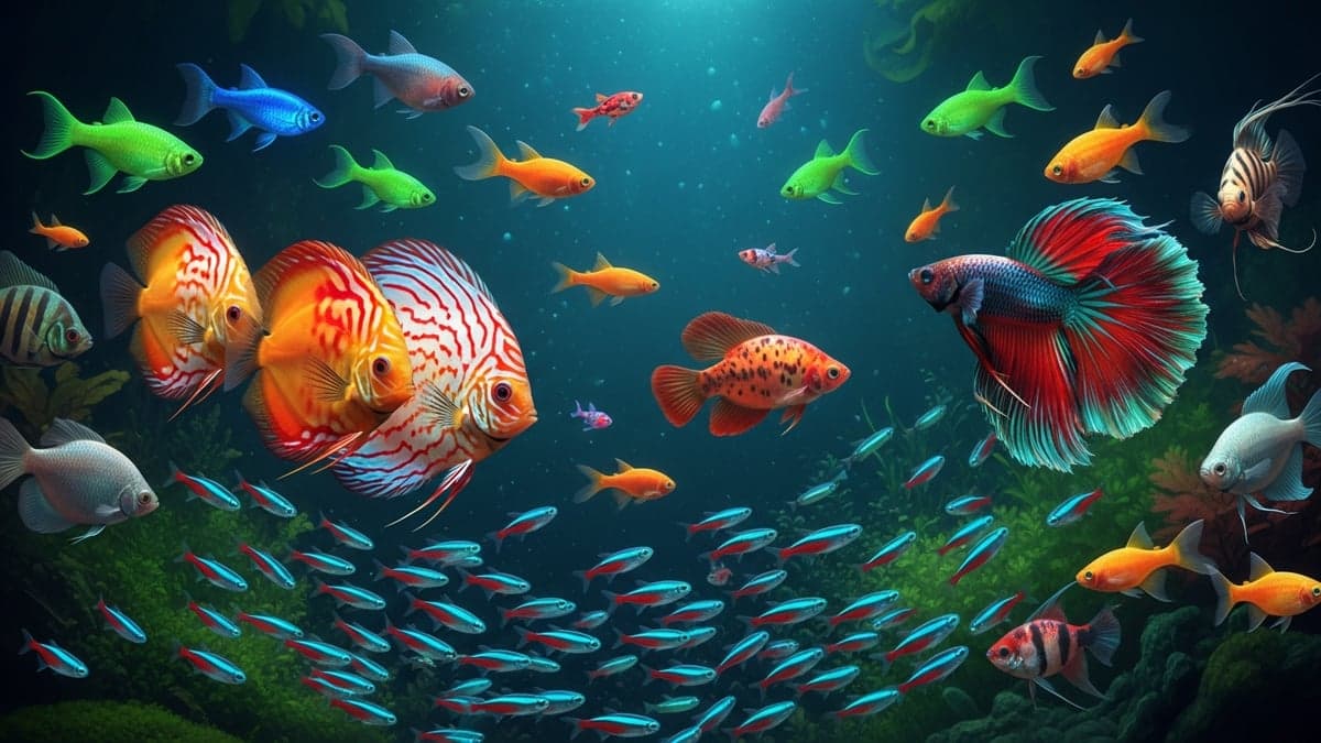 A stunning display of colorful freshwater fish including Discus, Flowerhorn Cichlid, and Betta in a planted aquarium