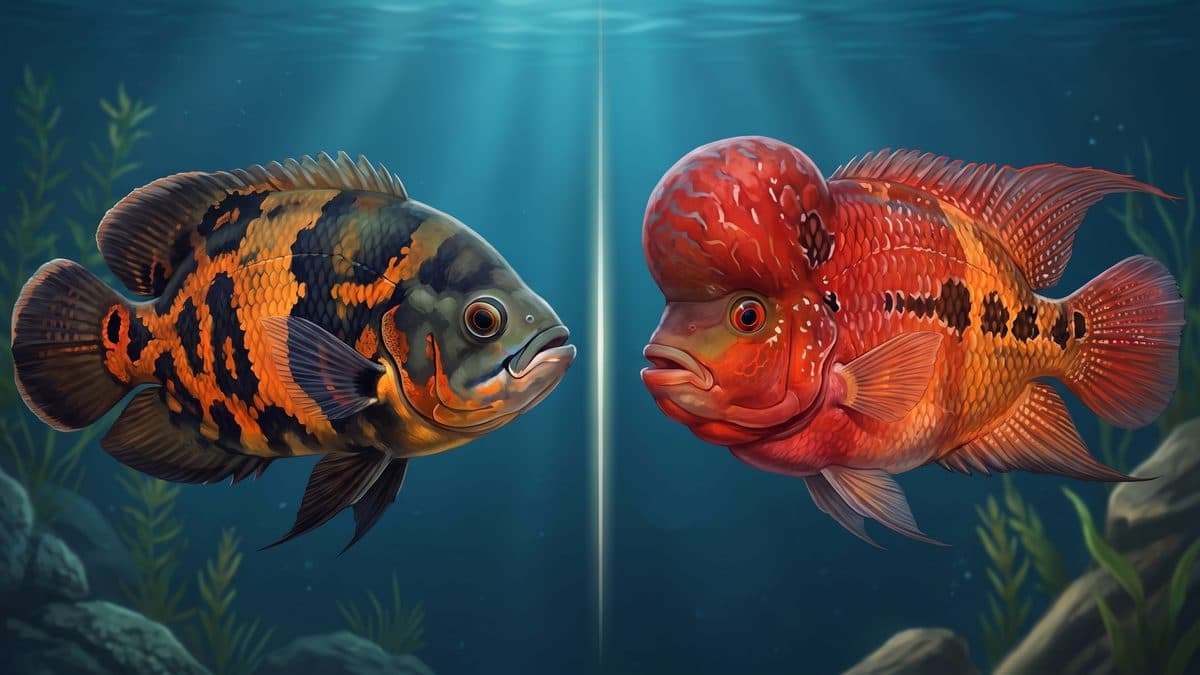 Side-by-side comparison of a Tiger Oscar and a Super Red Dragon Flowerhorn cichlid in separate aquarium displays