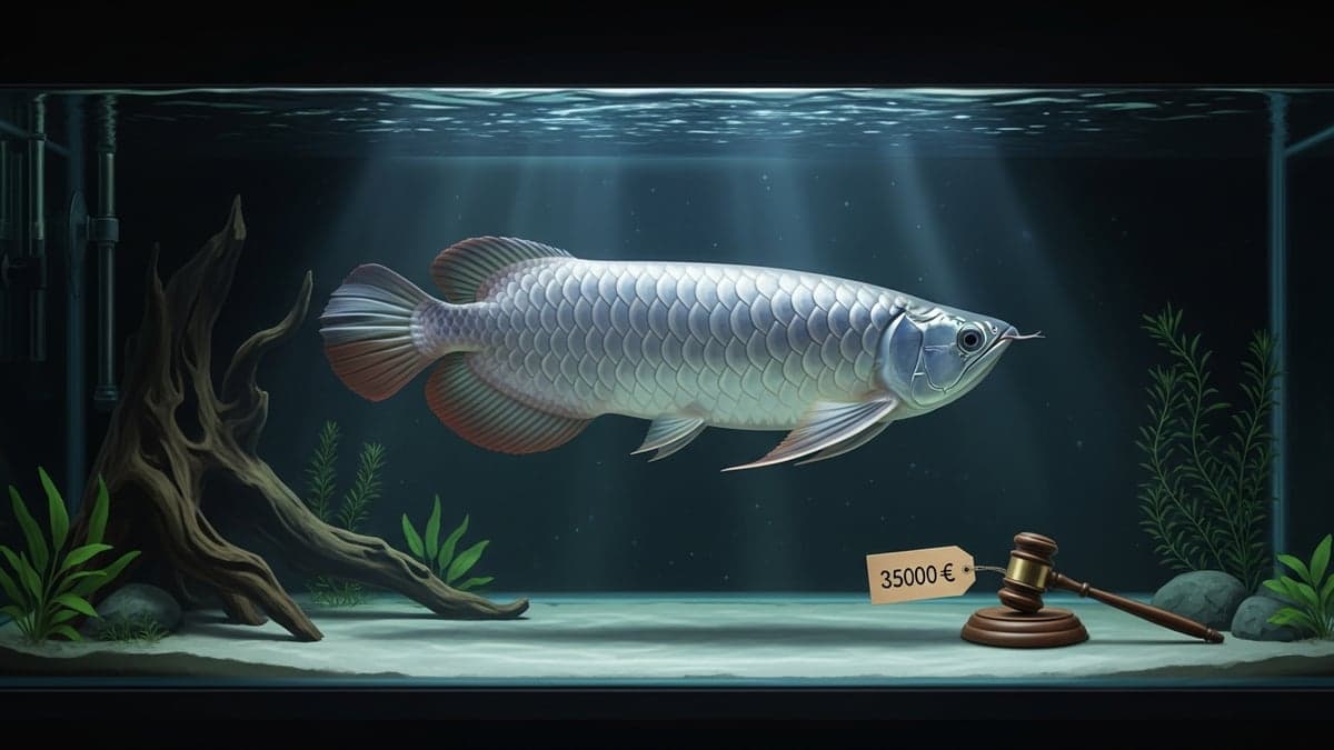 A flawless Platinum Arowana swimming in a pristine collector-grade aquarium with subdued lighting