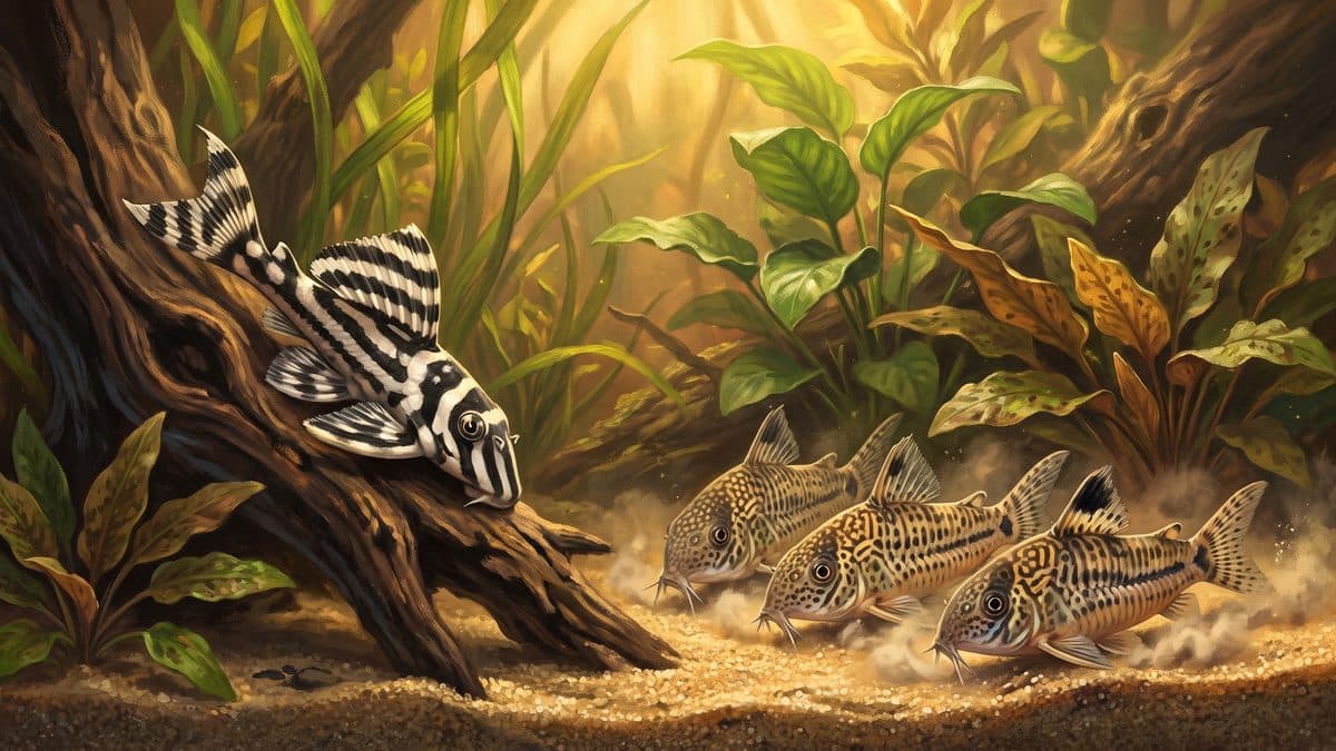 A Bristlenose Pleco and a group of Bronze Corydoras displayed side by side in a planted aquarium