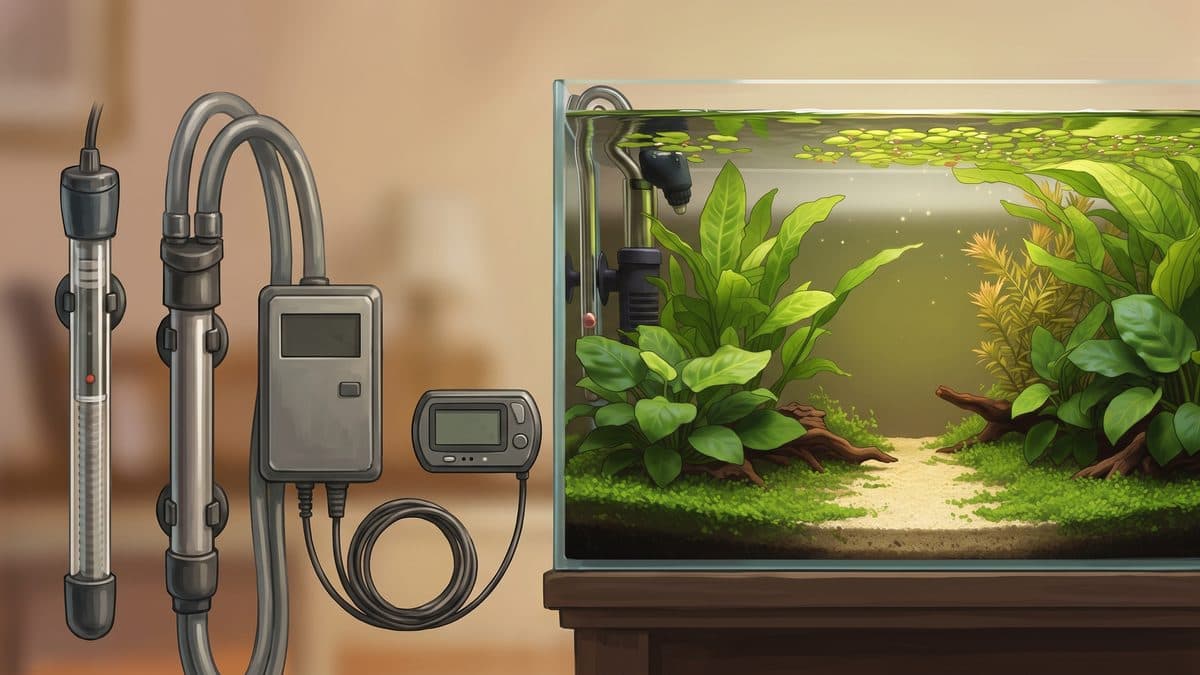 An adjustable aquarium heater installed vertically beside a filter output in a planted tropical aquarium