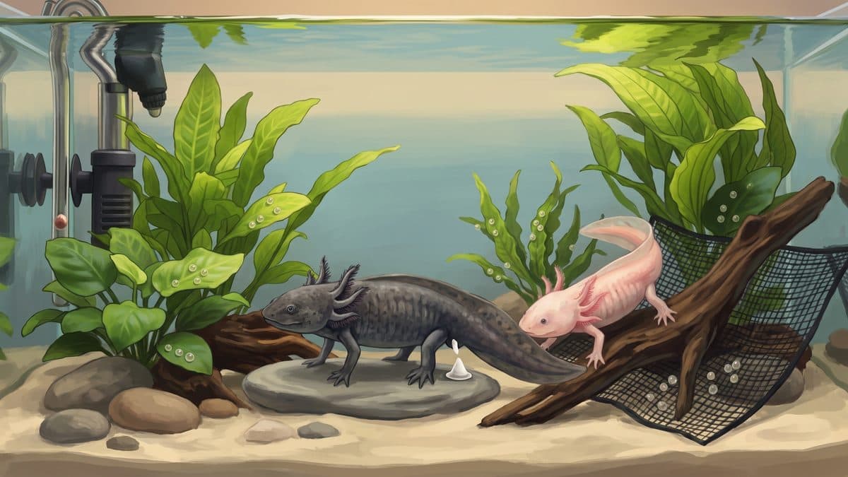 An axolotl pair in a breeding tank with visible spermatophores on the substrate and the female investigating them