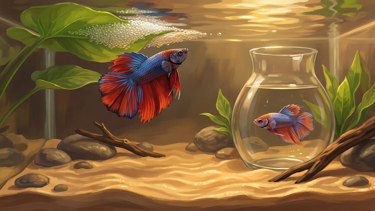 A male Betta splendens building a bubble nest at the water surface of a dedicated breeding tank