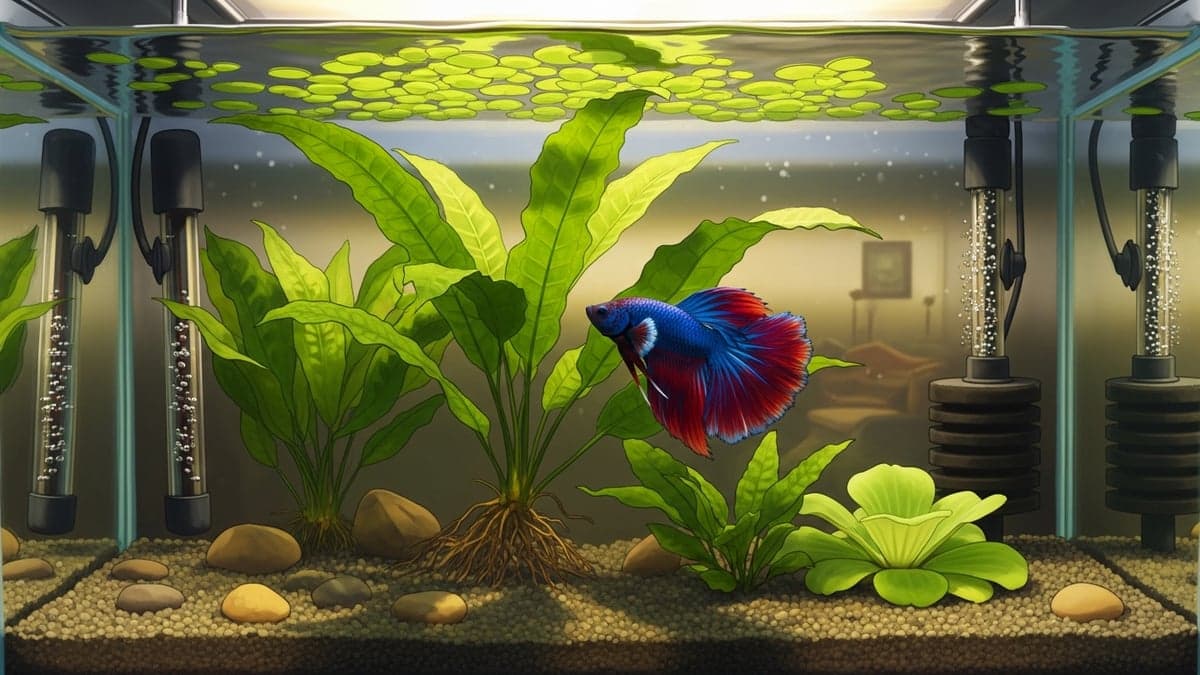 A vibrant Halfmoon Betta swimming in a densely planted 10-gallon aquarium with a gentle sponge filter and warm lighting
