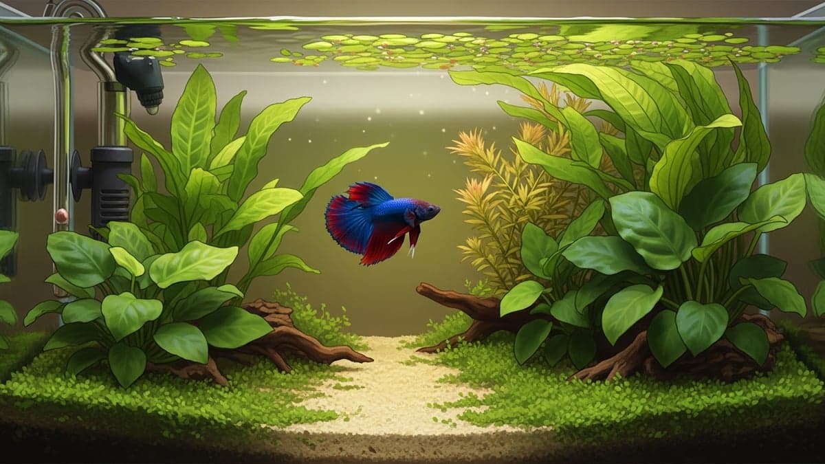 A vibrant Halfmoon Betta in a properly set up 10-gallon planted tank with heater, gentle filter, and enrichment items