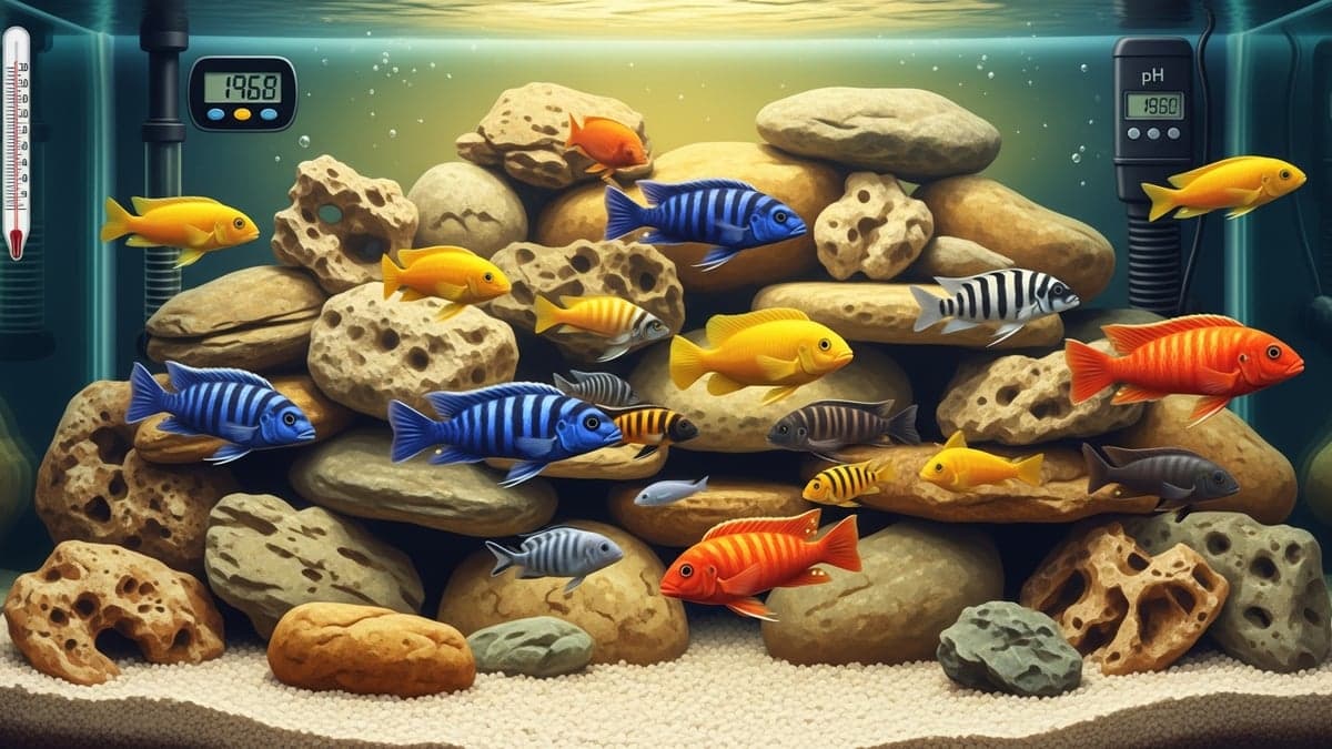 An African cichlid aquarium with crystal-clear alkaline water, limestone rock formations, and electric-blue Mbuna cichlids