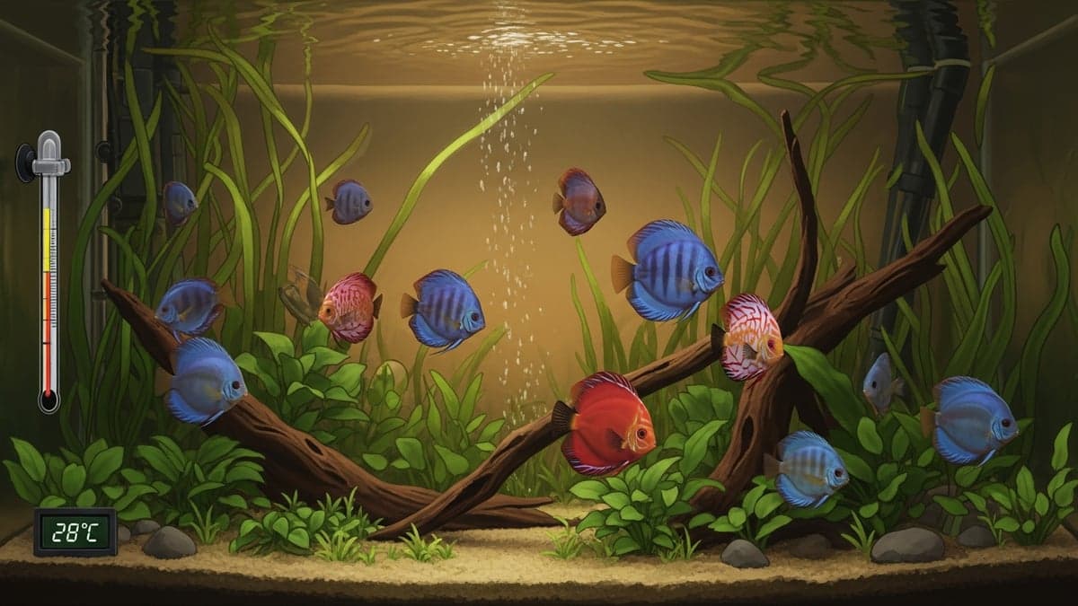 A school of vibrant Discus fish in a pristine planted aquarium with carefully maintained water parameters
