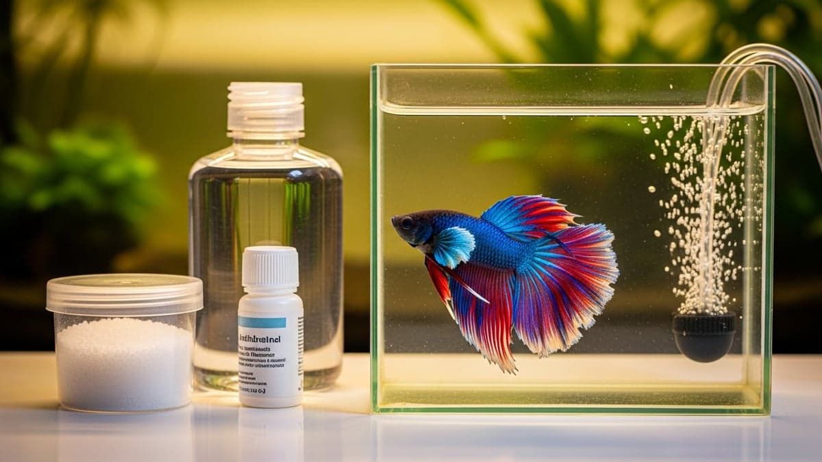 A Betta fish showing early-stage fin rot with ragged, receding caudal fin edges against a dark aquarium background