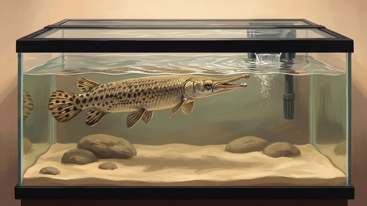 Spotted gar hovering motionless near the surface of a large predator aquarium