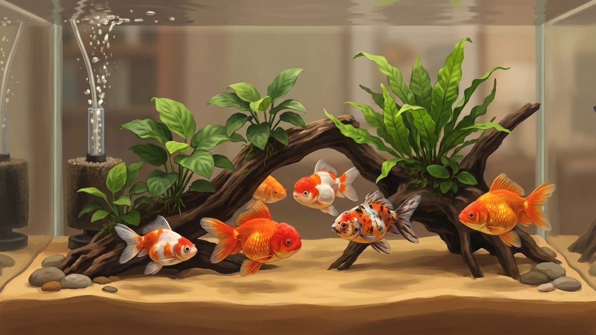 Fancy goldfish swimming with dojo loaches in a planted cold-water aquarium
