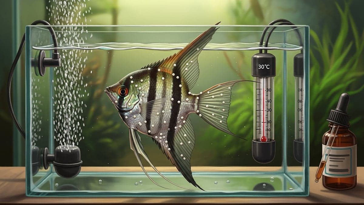 Close-up of a freshwater fish displaying white spot disease (Ichthyophthirius multifiliis) with visible trophonts on fins and body