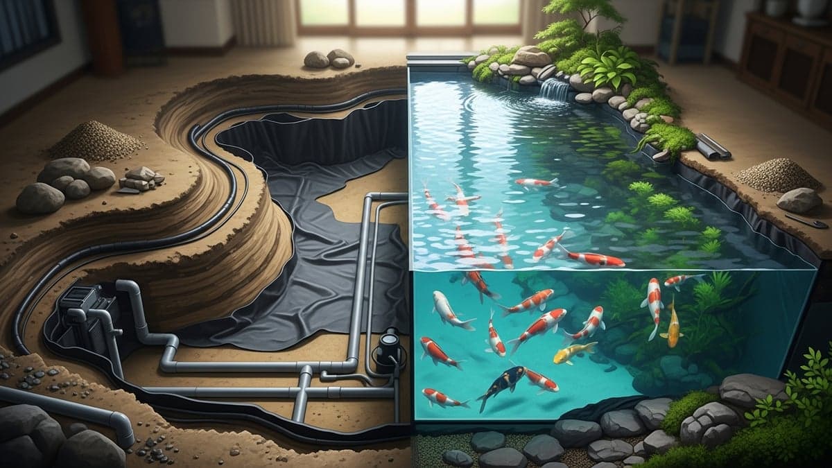 A professionally built koi pond with multi-stage filtration, marginal plants, and a protective net over crystal-clear water