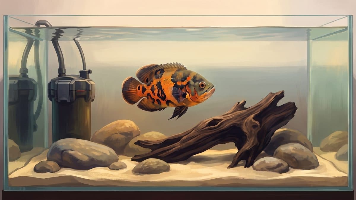 Tiger Oscar displaying vibrant orange and black markings in a spacious aquarium