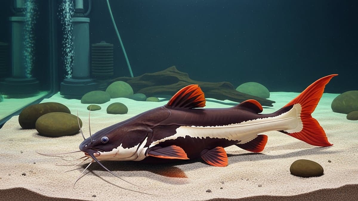 A large Red Tail Catfish (Phractocephalus hemioliopterus) with its distinctive red caudal fin resting on sandy substrate