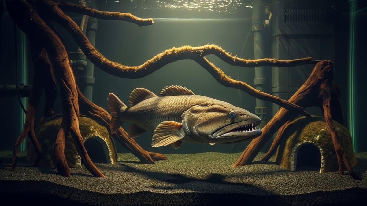 A Hoplias malabaricus wolf fish resting in a heavily planted predator aquarium with driftwood hides