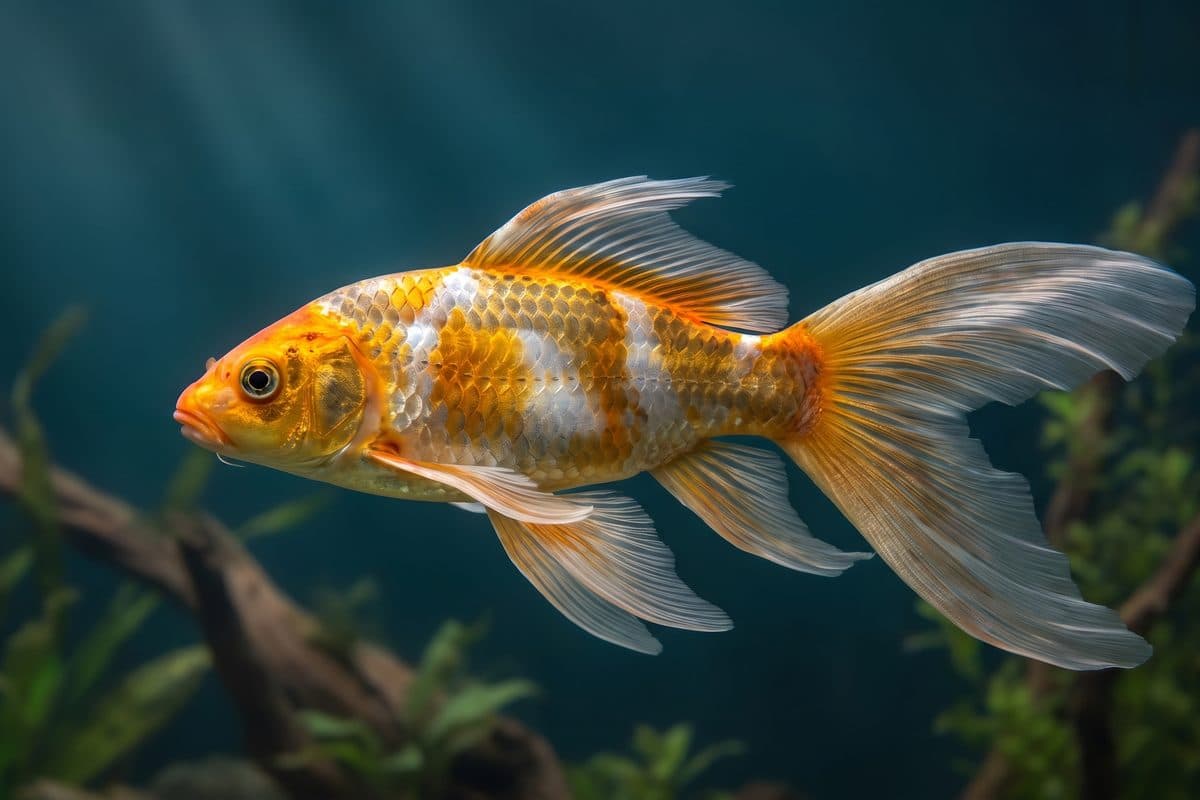 Butterfly Koi with dramatically elongated, flowing fins swimming gracefully in a garden pond