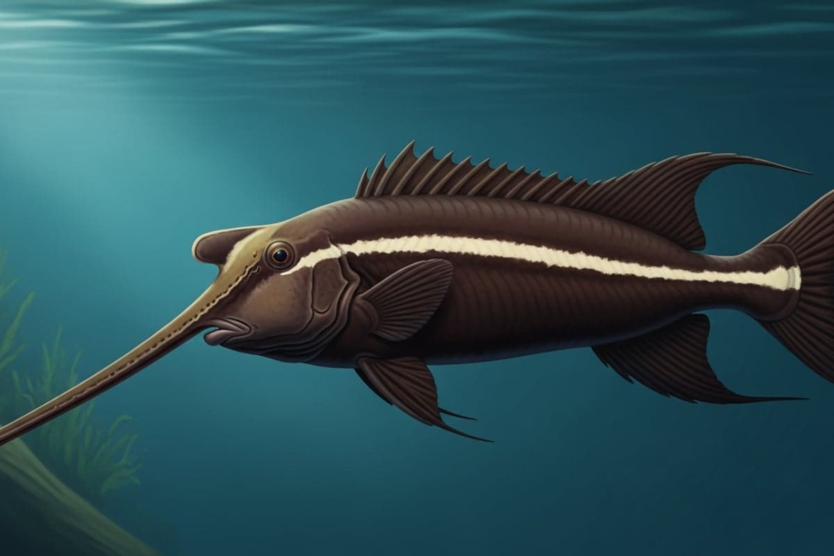 Elephantnose Fish probing the sandy substrate with its elongated chin barbel in a dimly lit planted aquarium