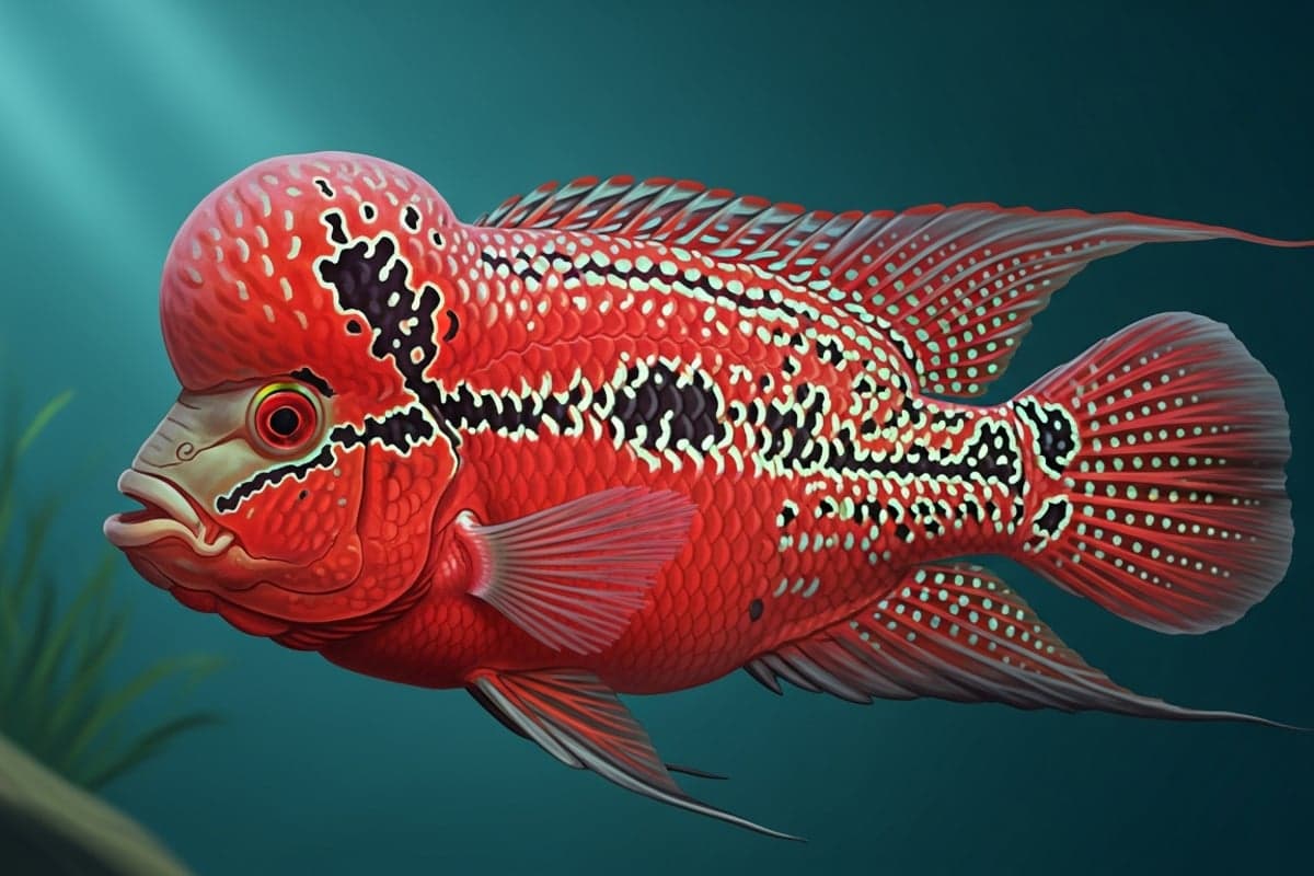 Mature Flowerhorn Cichlid displaying a prominent nuchal hump and vivid red-and-pearl colouration