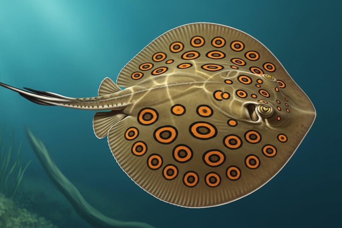 Potamotrygon motoro freshwater stingray resting on a sandy substrate displaying its distinctive orange ocelli pattern against a dark brown disc