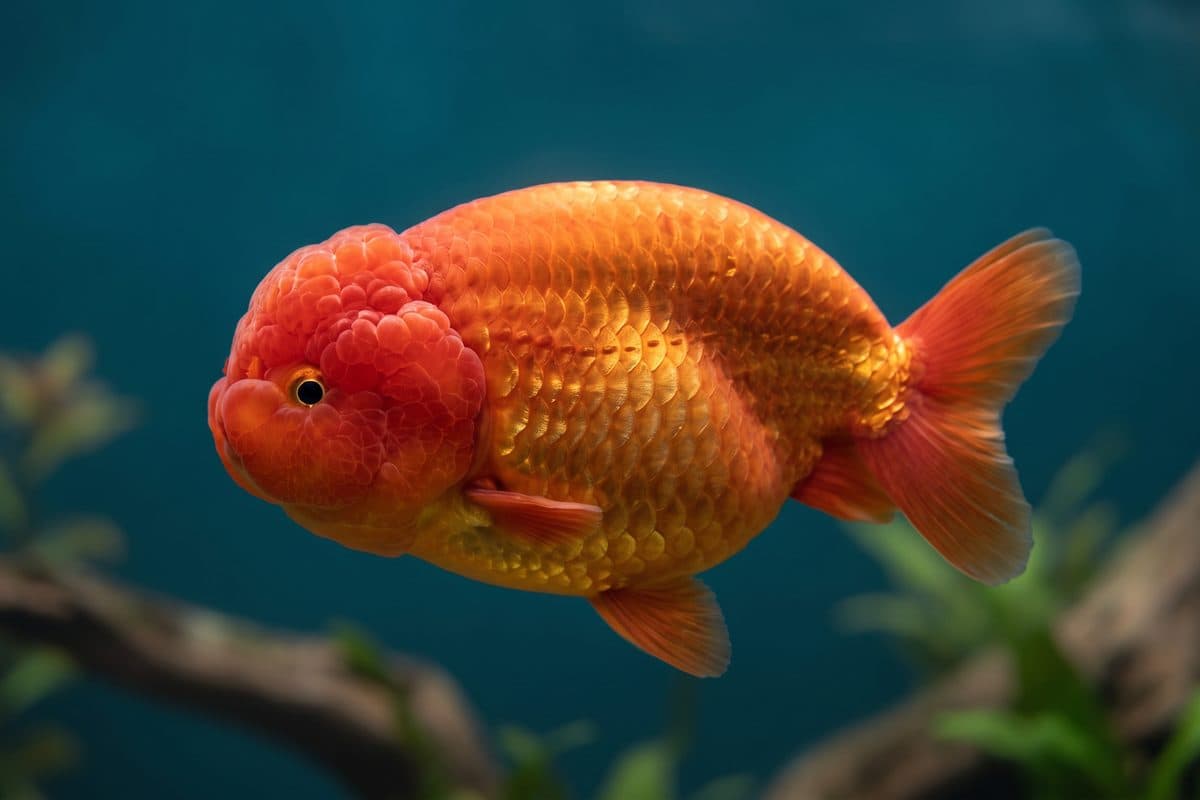 Red Lionhead goldfish displaying its full wen coverage and dorsal-less profile in a planted aquarium