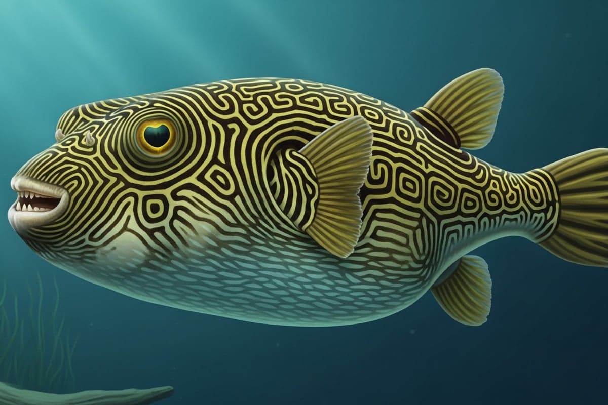 Massive adult Mbu Pufferfish with intricate maze-like patterning hovering in a large custom aquarium