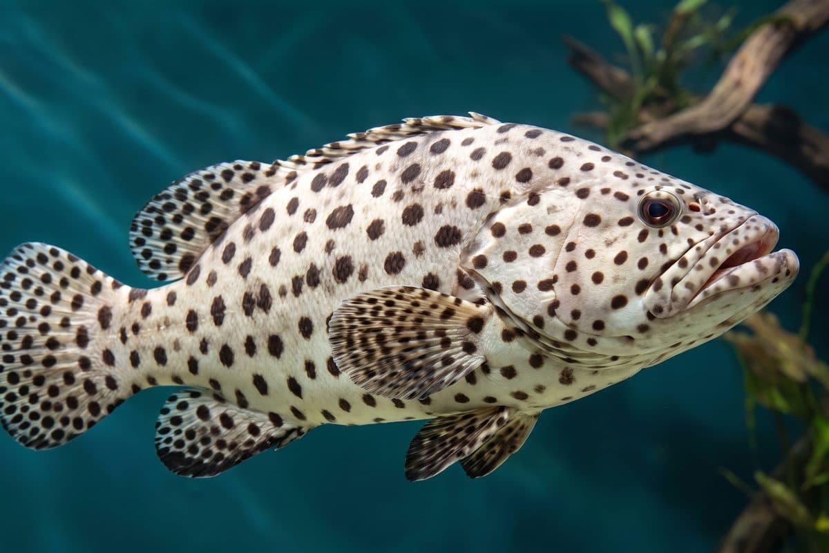 Panther Grouper displaying its white body with bold black polka-dot pattern in a marine aquarium