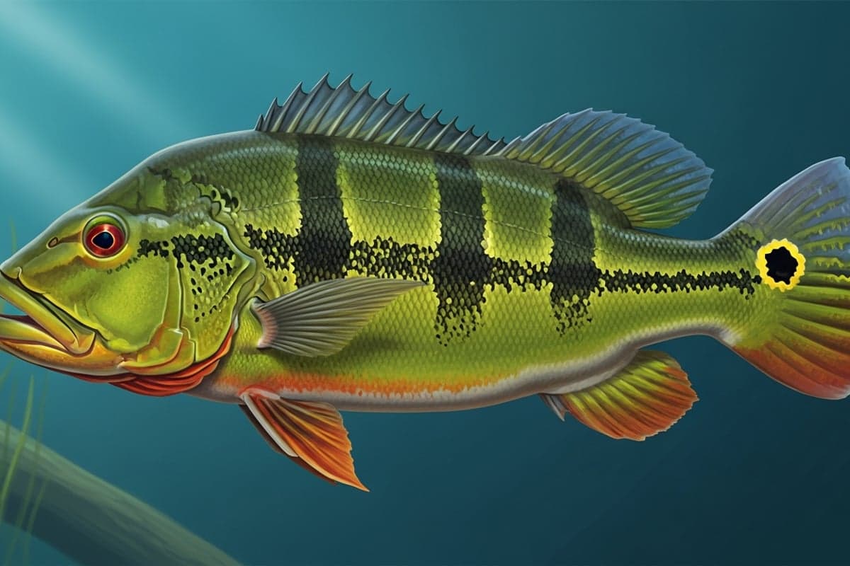Adult Peacock Bass displaying vivid gold-green flanks and the trademark ocellated caudal spot in a large display aquarium