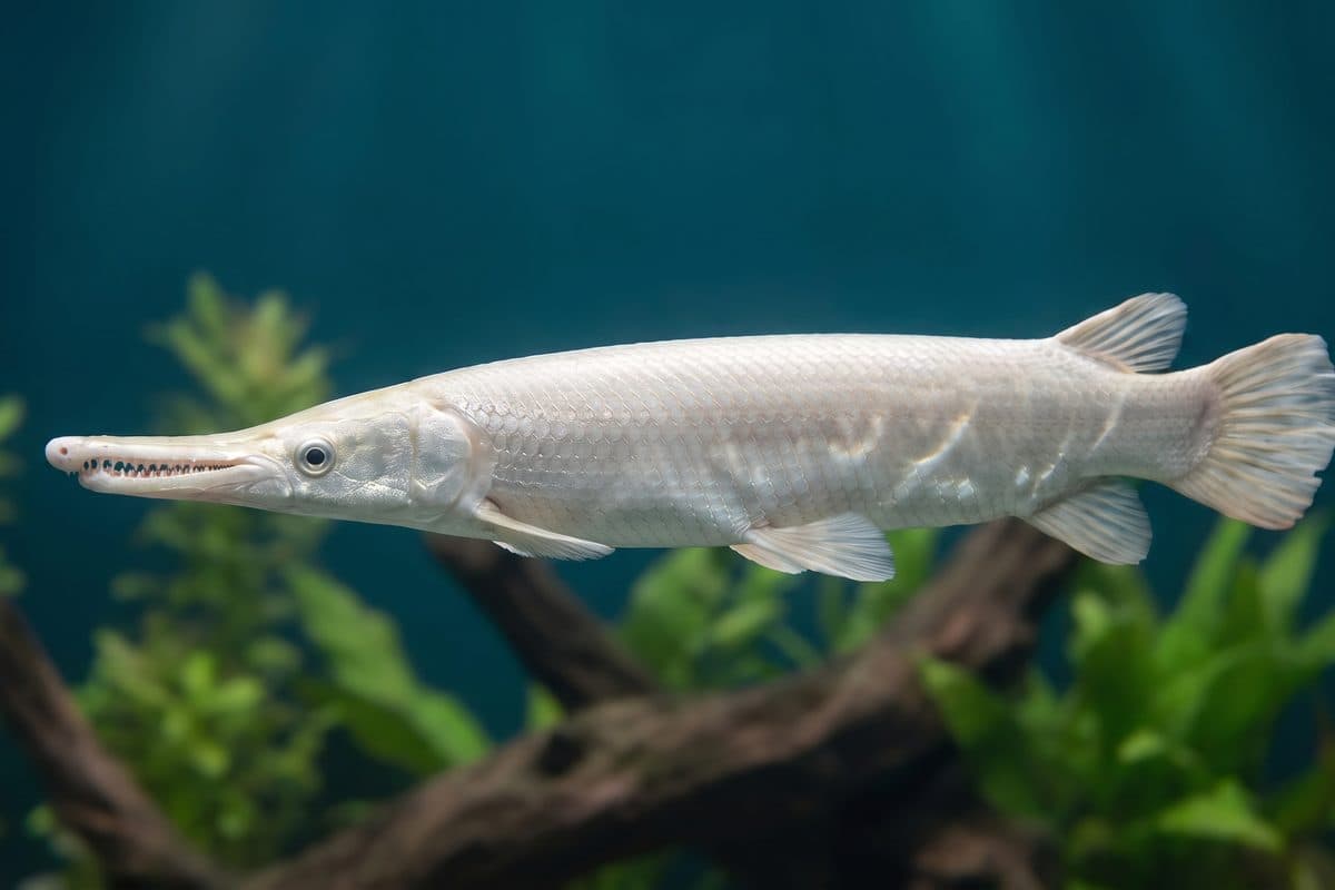 Platinum Gar displaying its characteristic pale silver-white body and elongated snout