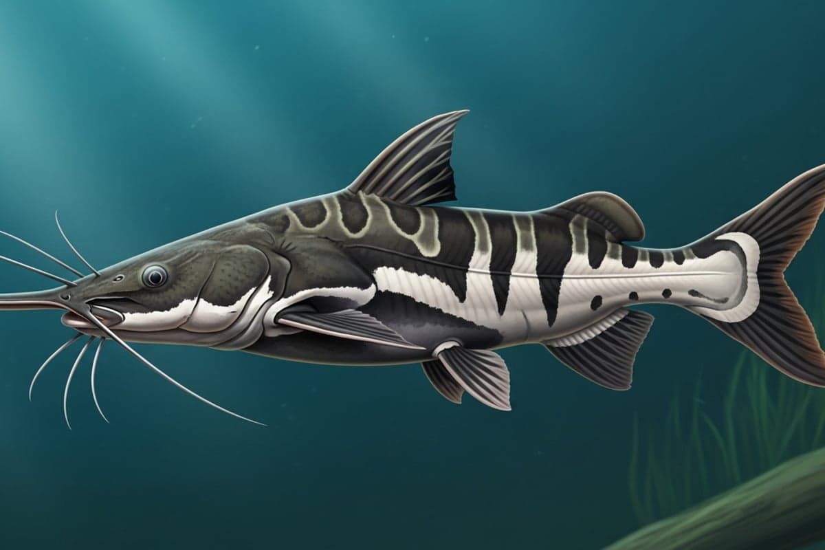 Shovelnose Tiger Catfish displaying bold dark vertical bars on a silver body, resting near driftwood