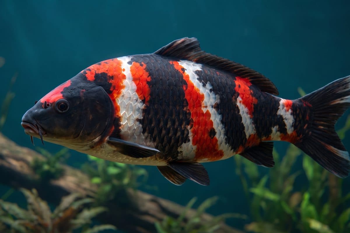 Showa Sanshoku koi displaying bold black (sumi), red (hi), and white (shiroji) markings in a crystal-clear pond